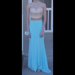 Size 00 Teal and Gold Sequined Prom Dress